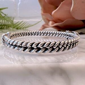 Vintage 925 Genuine Turquoise Cable Cuff Adjustable Bracelet Sterling Silver